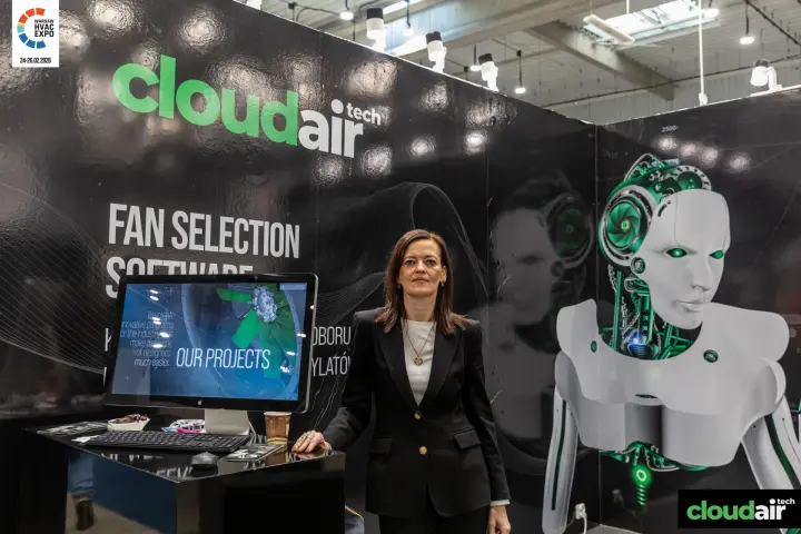 Wide view of the CloudAir stand with logo, robot mural and project screen at Warsaw HVAC Expo 2026