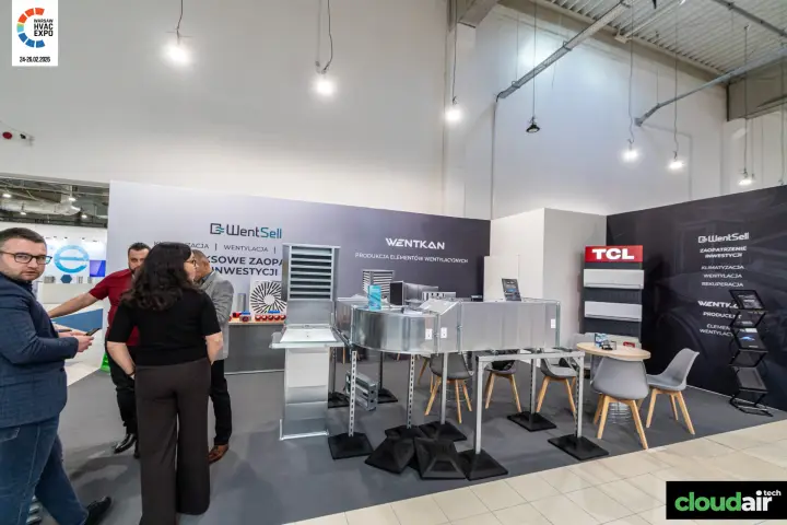 Wider view of WentSell stand with duct supports and TCL air conditioners at Warsaw HVAC Expo 2026