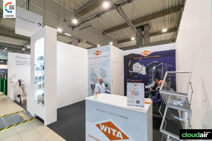 Wita circulating pump stand with orange rhombus logo on the counter