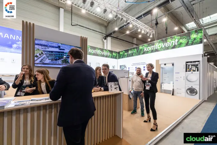 Wood-slat counter and Komfovent utility-room mock-up with built-in ventilation units at Warsaw HVAC Expo 2026