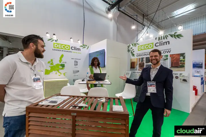 Wooden Deco Clim AC cover in front of the Europe map wall at Warsaw HVAC Expo 2026