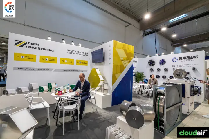 Zern Engineering counter-flow heat exchangers beside the Blauberg Motoren stand at Warsaw HVAC Expo 2026