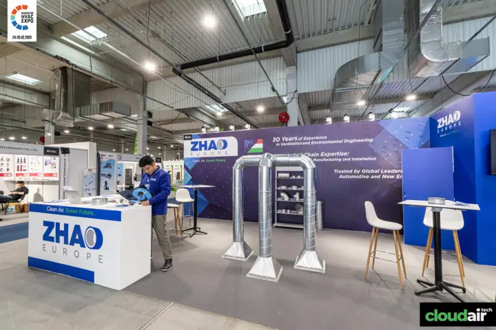 Zhao Europe stand with galvanised spiral duct arches and a fittings shelf