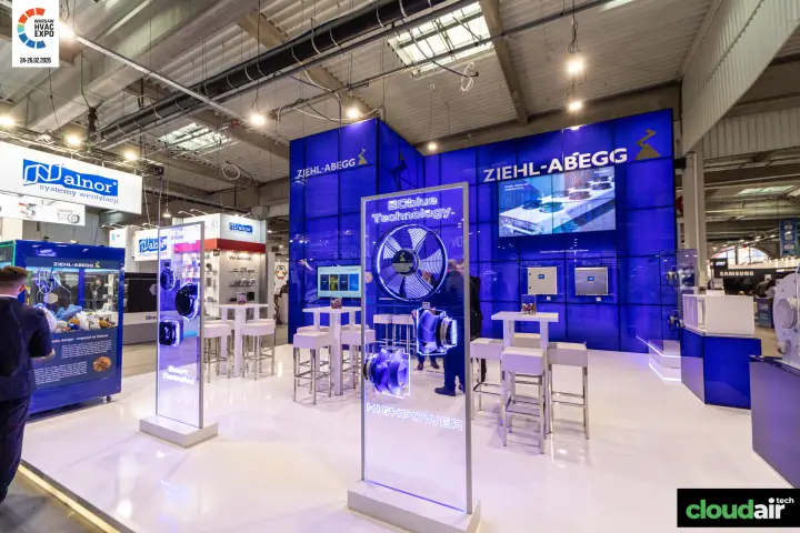 Ziehl-Abegg ECblue Technology glass totem in front of the video wall