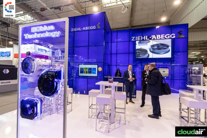 Ziehl-Abegg glass display of EC blowers with neon ECblue Technology lettering