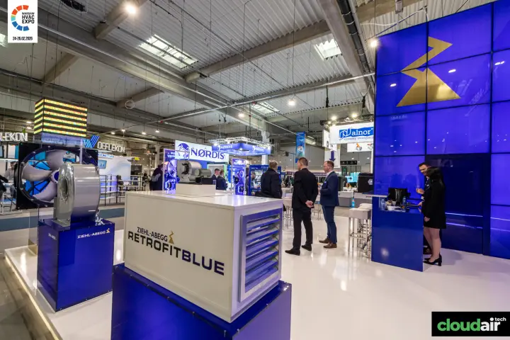 Ziehl-Abegg RetrofitBlue unit with louvred grille and fans on blue plinths at Warsaw HVAC Expo 2026